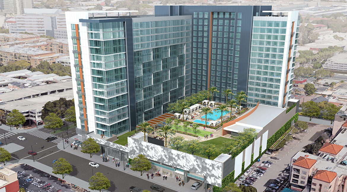 Artist's rendering of The Grad San Jose apartment building with courtyard view