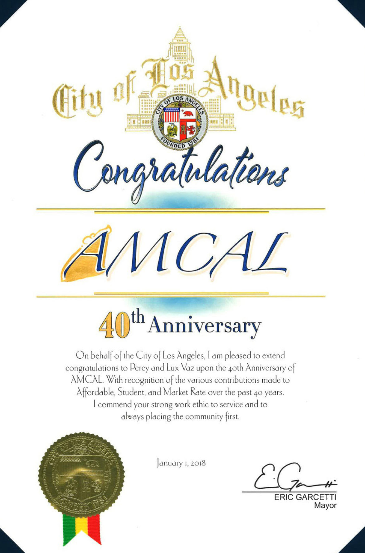 Photo of the City of Los Angeles Commendation to AMCAL on the company's 40th anniversary in 2018