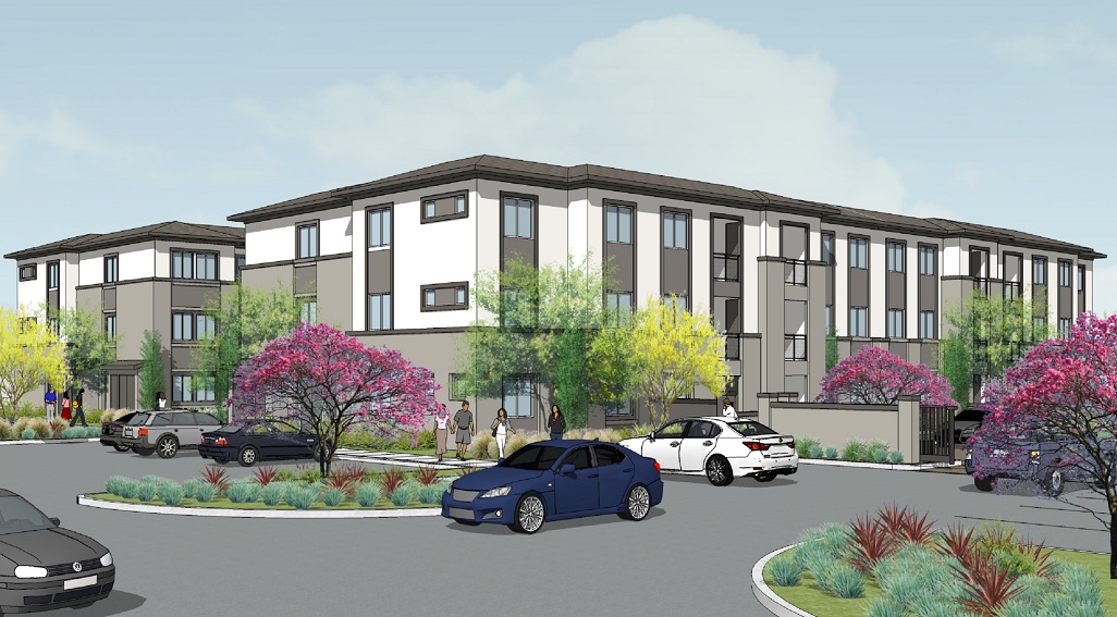 Artist's rendering of Antioch Apartments and parking area