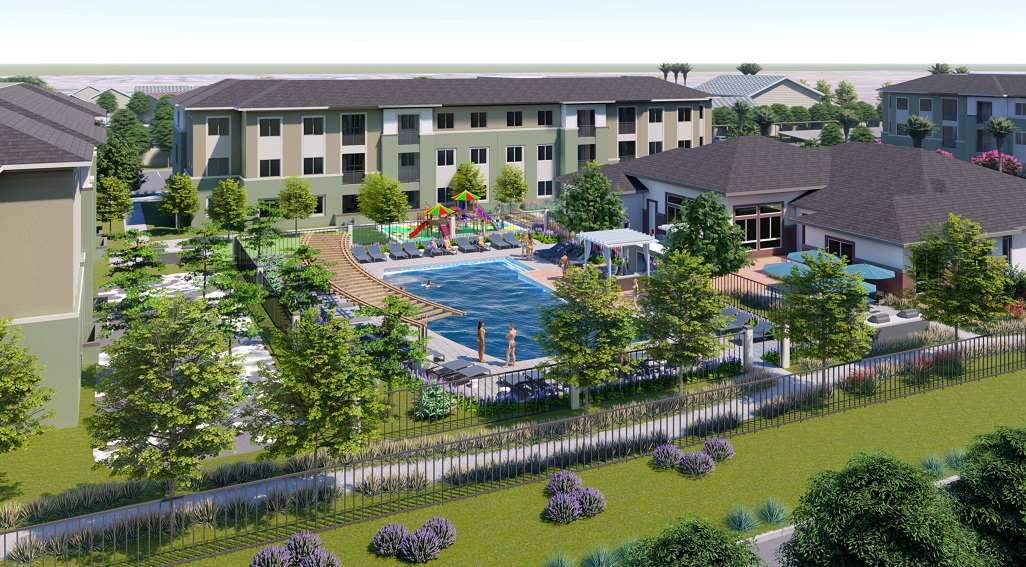 Artist's rendering of apartment and pool